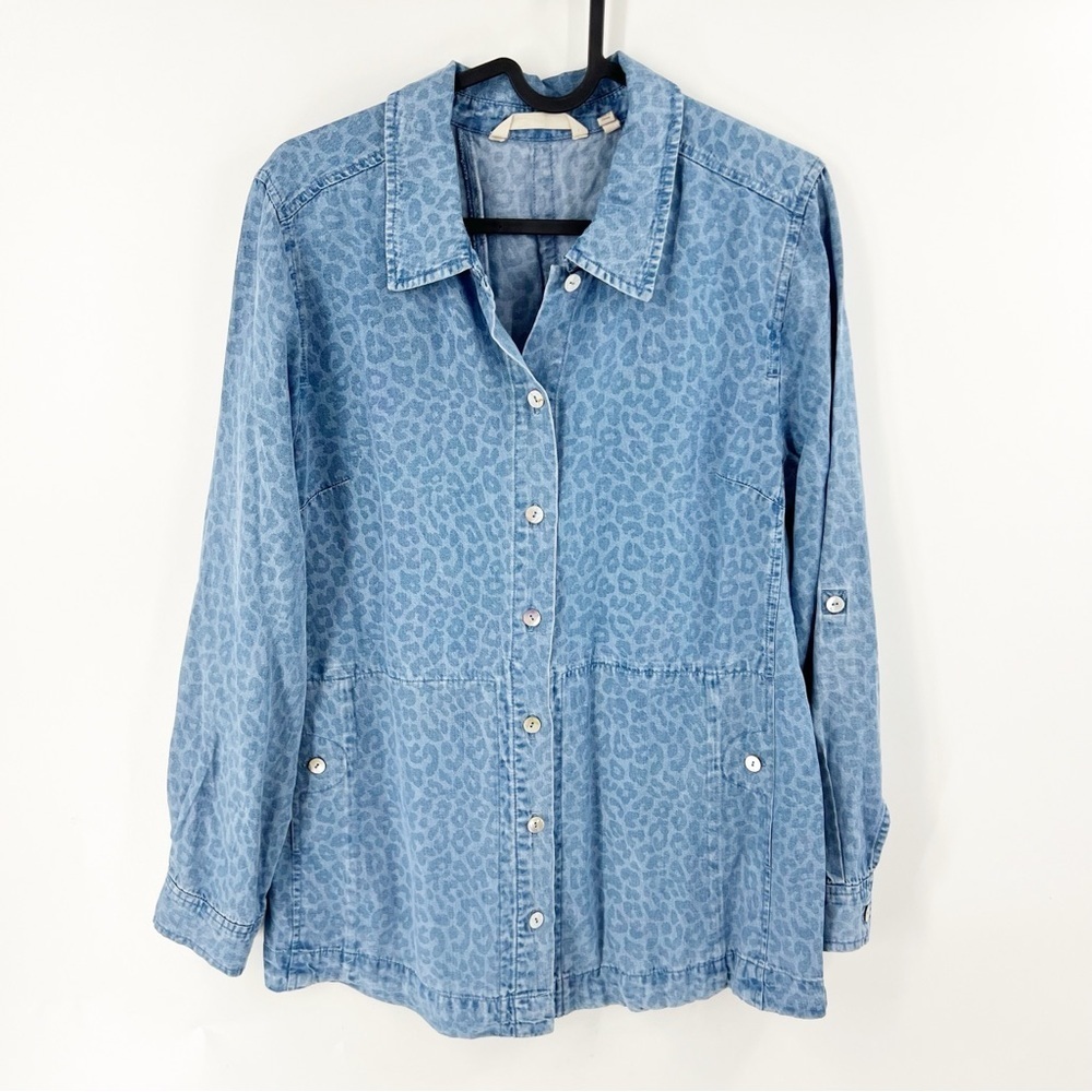 ✅Soft Surroundings Thelma TENCEL Shirt Denim Leopard Print Top Blue SIZE X-SMALL